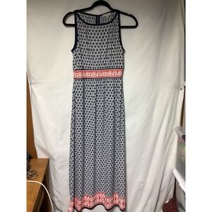 Sleeveless Maxi‎ Dress Navy White Geo Print Coral Trim Casual Summer
